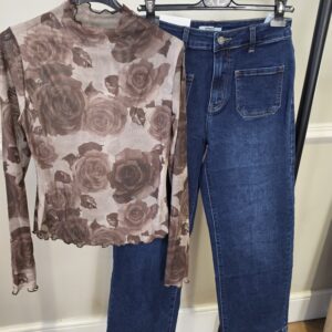 Rose print mesh top